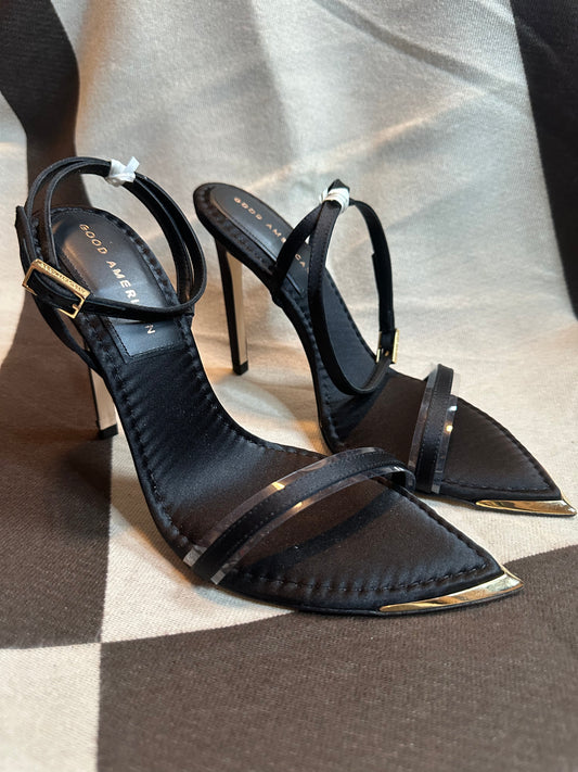 GOOD AMERICAN WOMEN’S BLACK STRAPPY STILETTO ANKLE STRAP POINTED GOLD TIP HEELS NEW WITH BOX